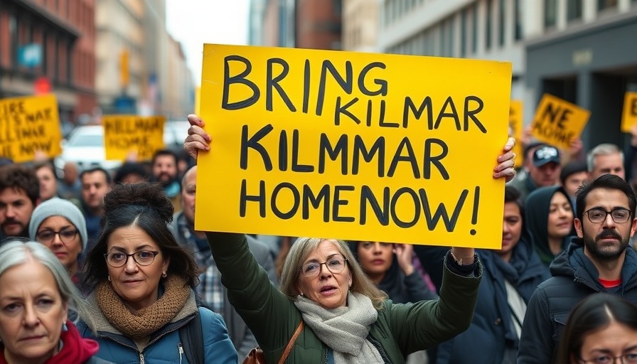 Protesters holding 'Bring Kilmar Home Now!' sign in city, Trump Grant and Deport Policy.