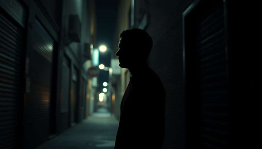 Silhouetted figure in dark alley reflecting mysterious atmosphere.