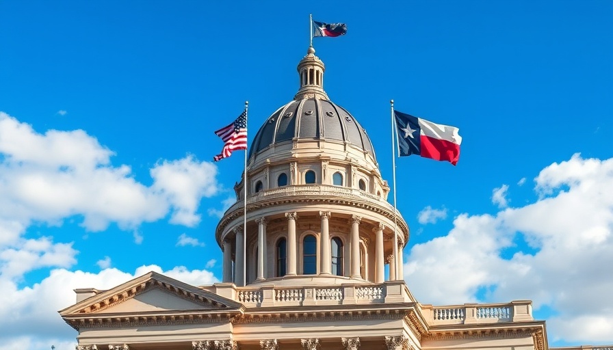 Historic capitol building dome with flags under blue sky.