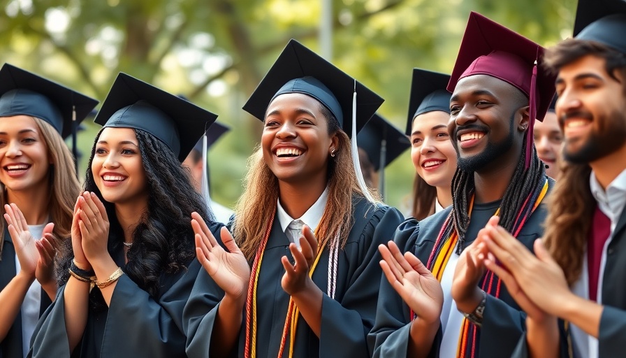 Graduates celebrating outdoors in caps and gowns, smiling brightly.