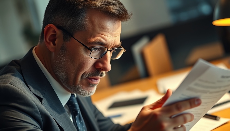 Businessman reviewing document in office setting, warm lighting.