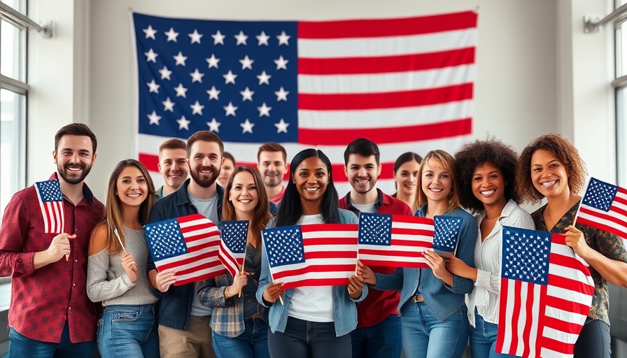 Diverse group smiling under American flag advocating Immigrant Rights in America.