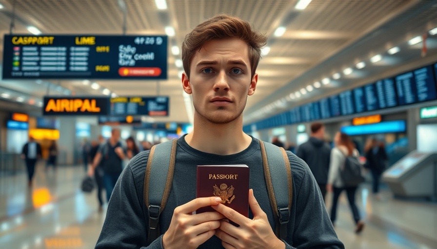 Anxious young man at airport facing U.S. visa entry denial.