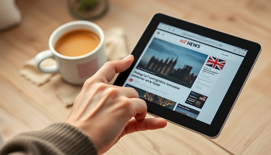U.S. Immigration Update on tablet with coffee in cozy setting.
