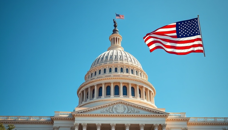 U.S. Capitol dome with American flag waving in a clear blue sky.