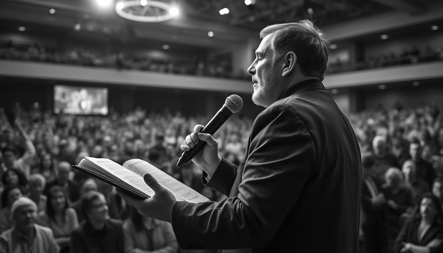 Dynamic speaker addressing a crowd, black and white photo, Jimmy Swaggart death.