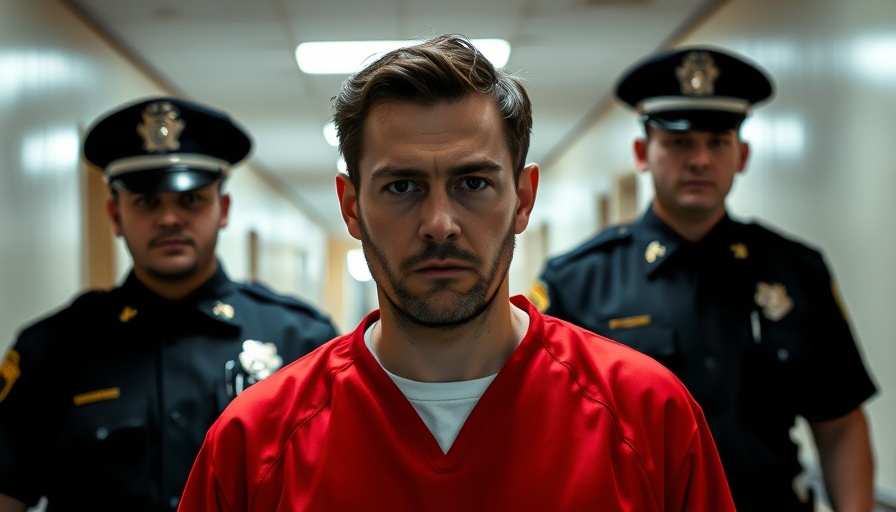 Man in red prison attire escorted by officers, serious expression.