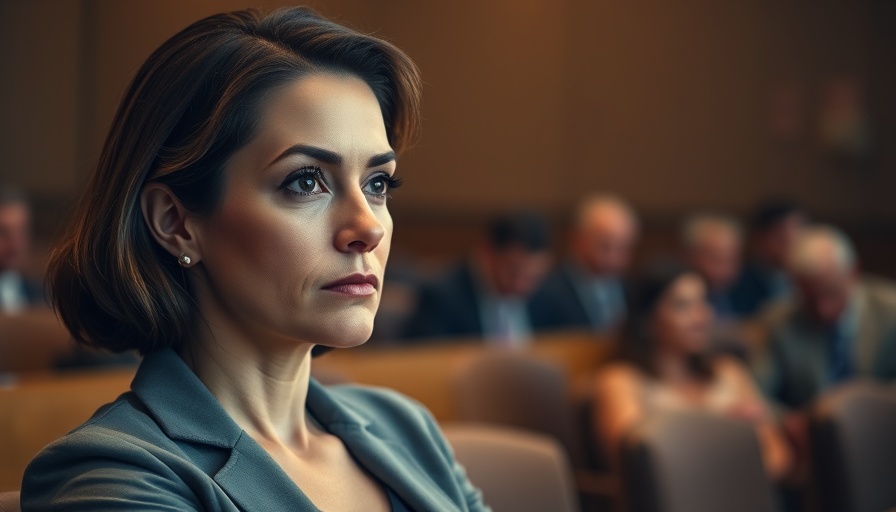 Woman in courtroom with focused expression amid fraud charges.
