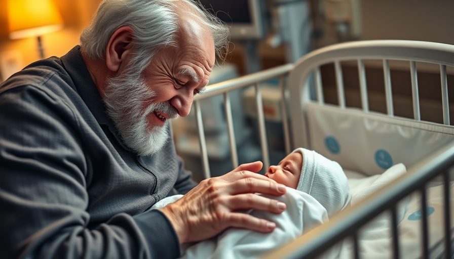 Emotional great-grandpa meeting great-grandson in hospital setting.
