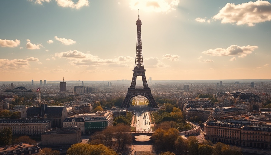 Eiffel Tower view over Paris during heat wave, cityscape detailed.