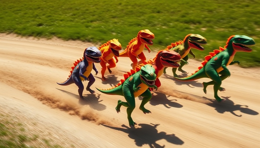T. Rex racing champions in colorful dinosaur suits on a dirt track.