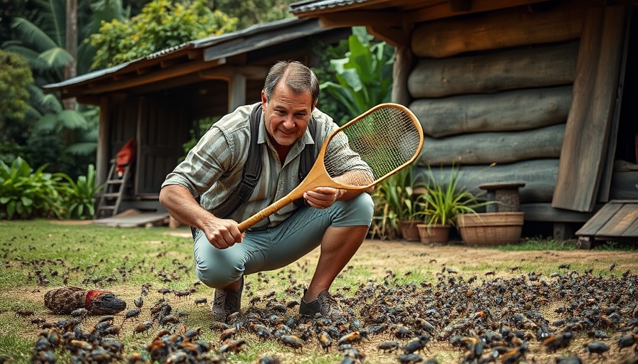 Man surrounded by insects holding a fly swatter in South Korea