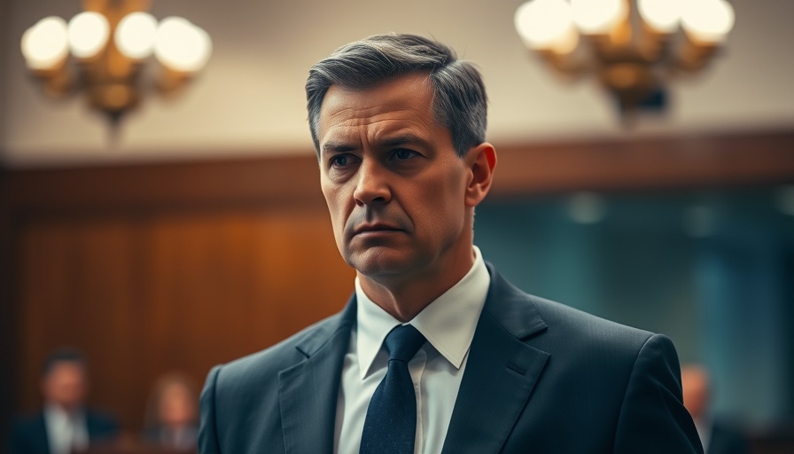 A man in a suit with a serious expression in a courtroom setting.