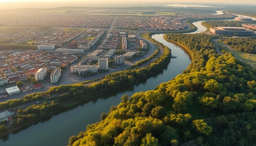 Aerial view of serene cityscape highlighting greenery and urban layout.