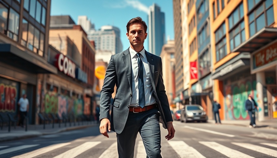 Man in a suit crossing street in vibrant city, Zohran Mamdani political campaign.