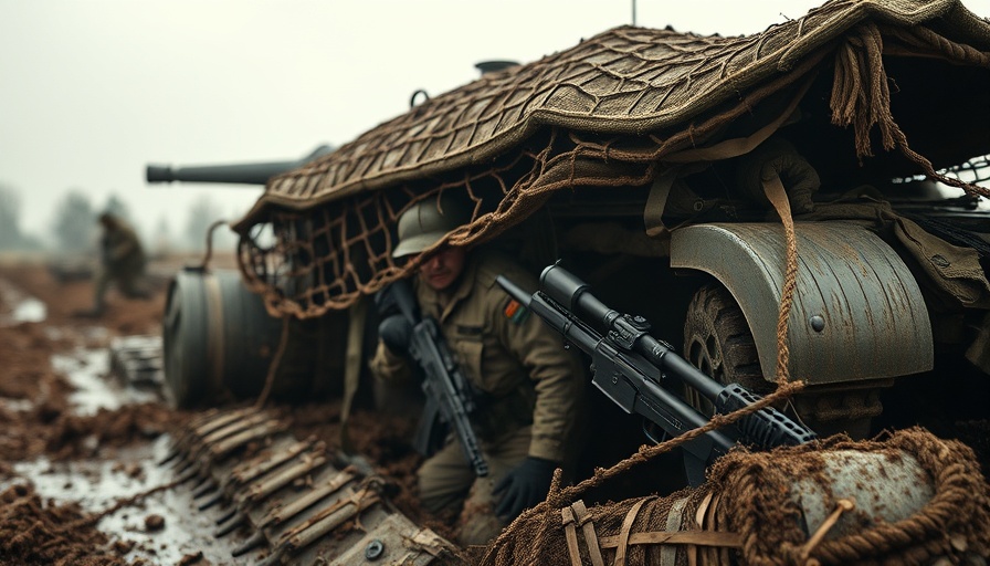 Drone Warfare in Eastern Ukraine: soldiers securing tank under netting.