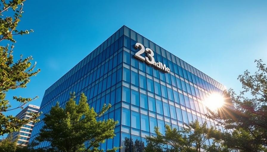 23andMe office building logo, sale context, urban setting.