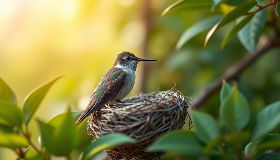 Small hummingbird resting in its nest surrounded by greenery.