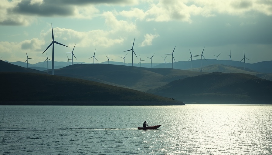 Wind turbines on hills with a lake in the foreground.