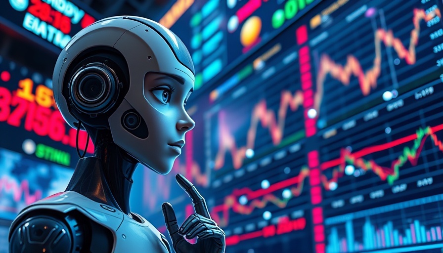 Futuristic AI examining stock market data, digital display.
