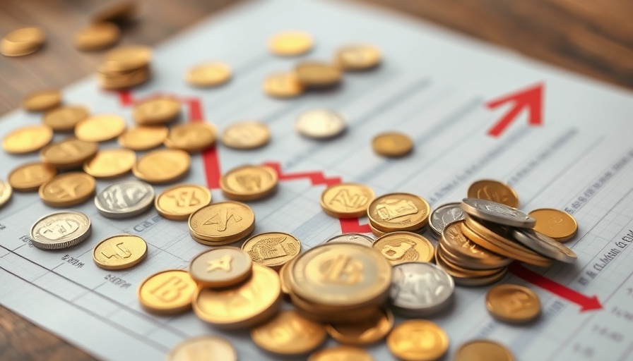 Gold and silver coins on a declining price graph indicating market trends.