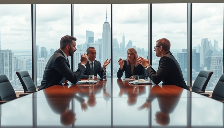 Corporate boardroom with executives in tense discussion over a hostile bid.