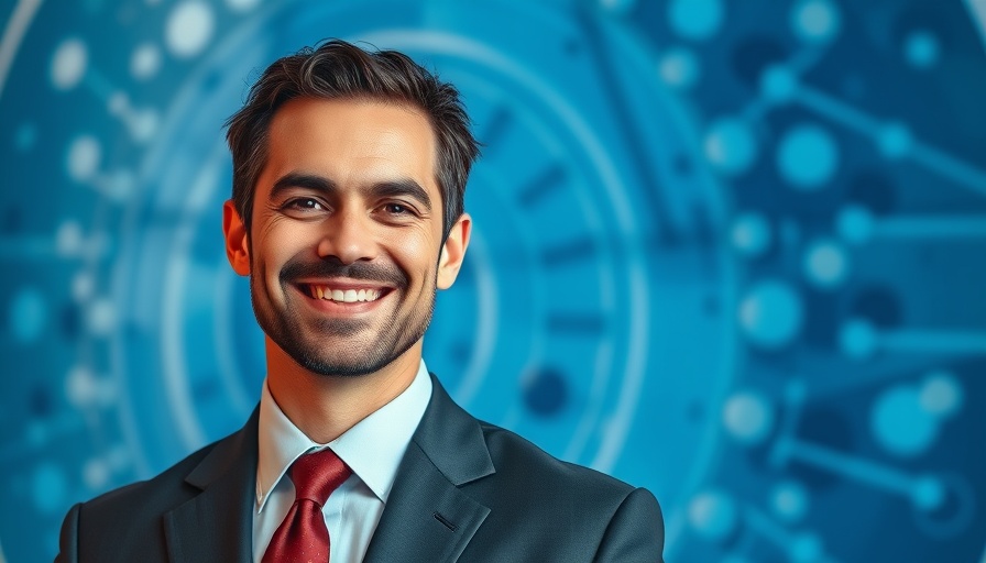 Smiling man in suit against abstract blue background, Zohran Mamdani Marxism.