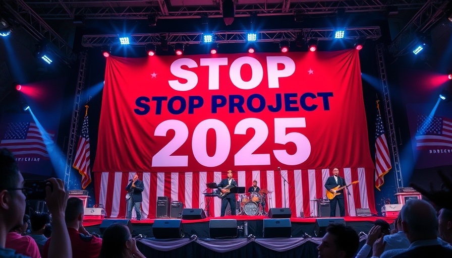 Democrats Project 2029 strategy event with musicians and large STOP PROJECT 2025 banner.