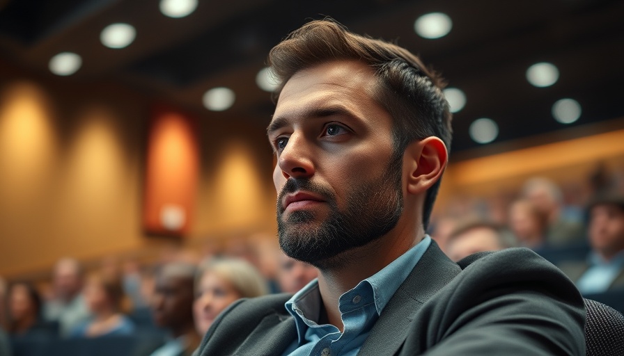 Man attentively listening at a conference, calm expression.