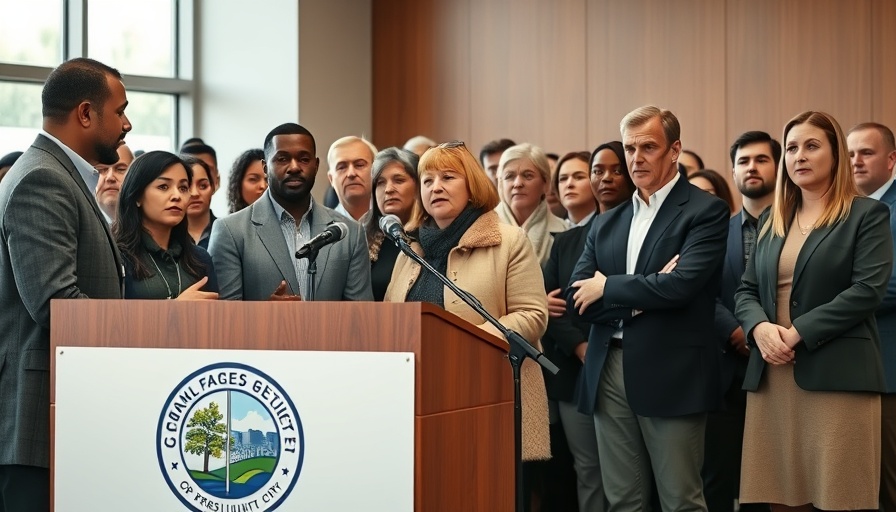 Karen Bass defends Los Angeles at podium with diverse group.