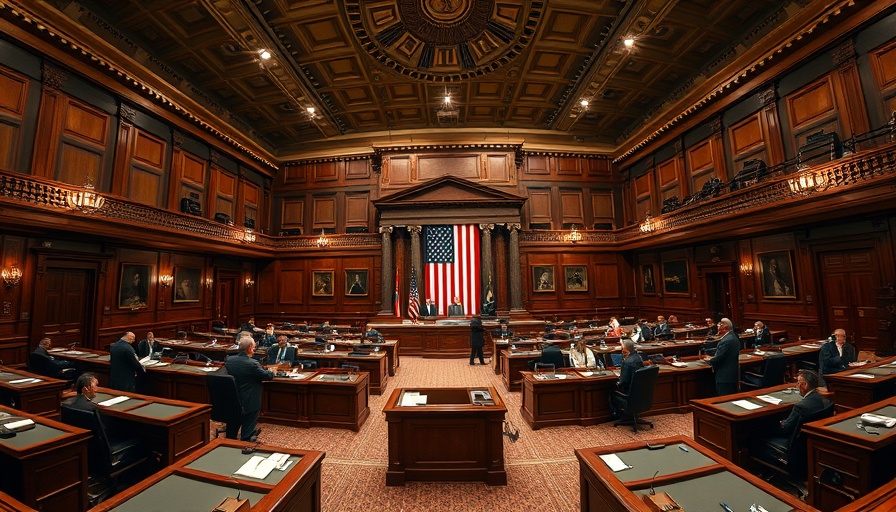 Legislative chamber with desks and officials discussing Trump spending bill GOP.