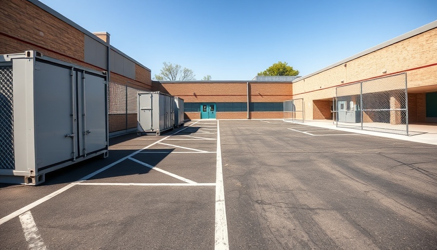 Empty schoolyard with containers and fences under bright midday lighting.