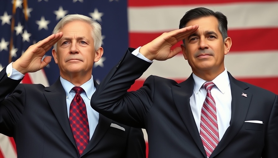 Men in suits saluting at a formal event, flag backdrop