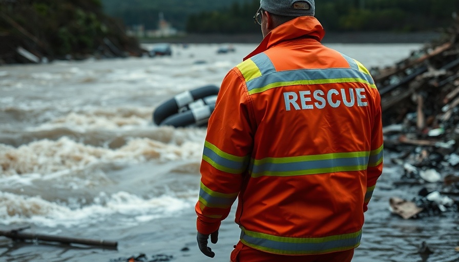 Rescue worker amidst Texas flooding debris near turbulent river.