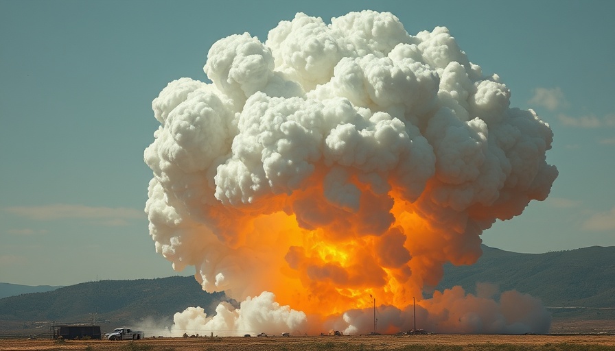 Massive explosion with clouds of smoke rising in a hilly landscape.