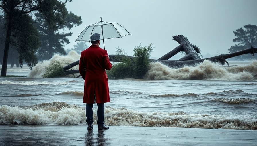 Person with umbrella facing Texas floods amidst storm.