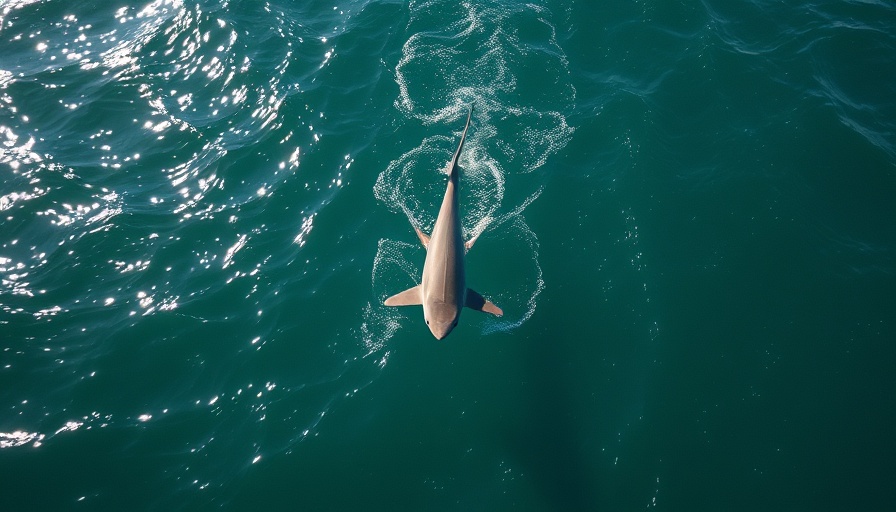 Aerial view of a shark in green ocean water, NYC beaches closed due to sharks.