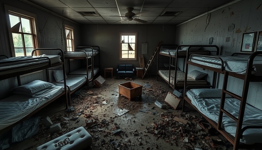 Texas flash floods: flooded room with bunk beds and debris.