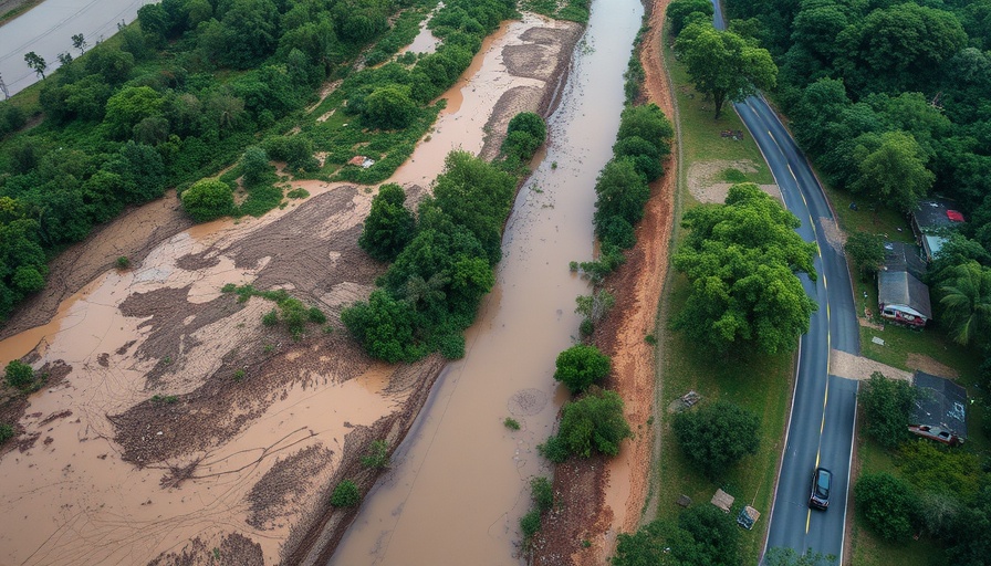 Aerial view of Texas flood aftermath with damaged roads and muddy riverbanks.
