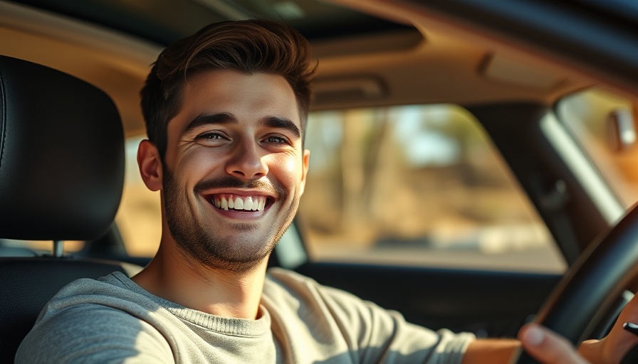Smiling young man in car sunlit interior, Texas flooding victims