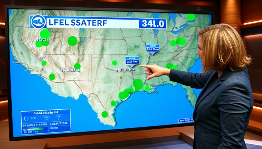 Weather presenter explaining Texas flood alerts in a studio map.
