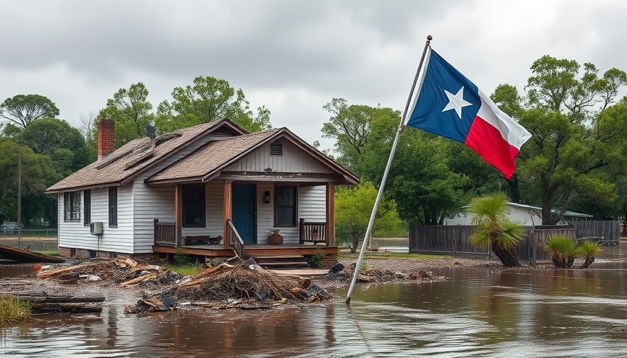 Texas emergency alerts floods, damaged house and flag after flood