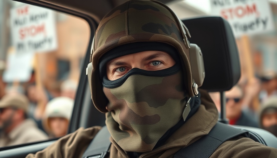 Masked ICE agent in Los Angeles inside vehicle during protest.