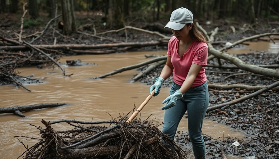 Woman cleaning flood debris in wooded area, Kerr County