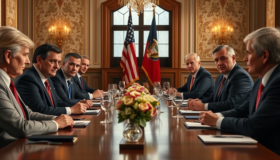Political leaders in discussion at meeting table with US flag.