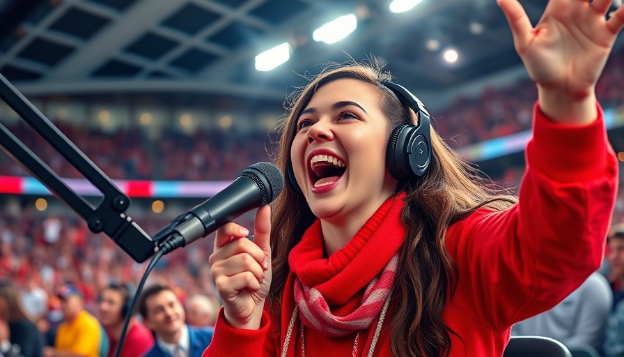 Excited Cubs fan in radio booth cheering with microphone.