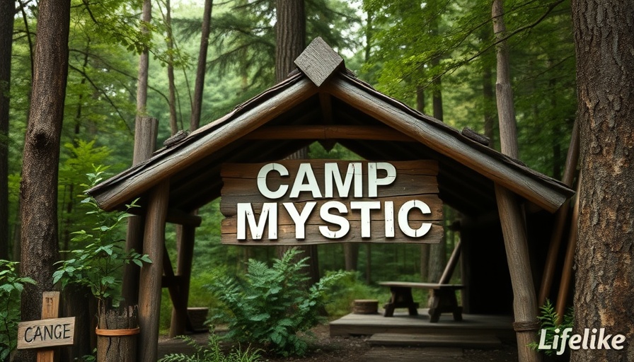Camp Mystic entrance sign amidst lush greenery