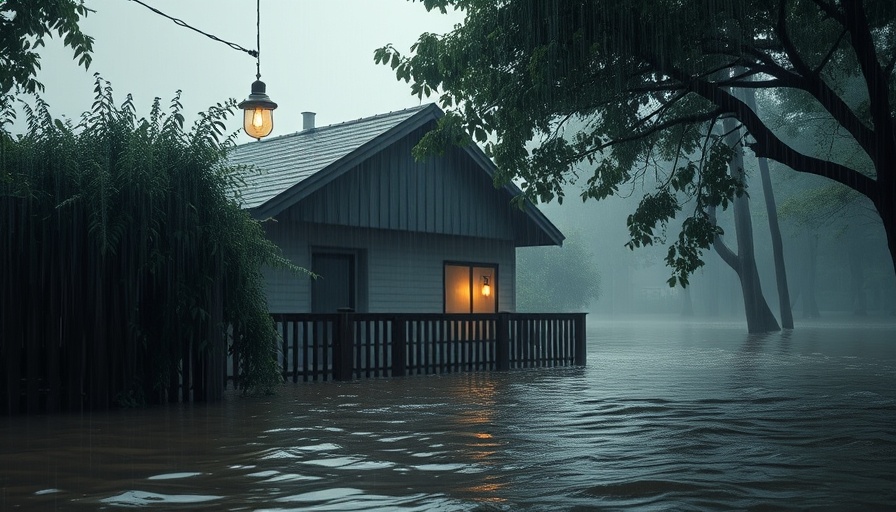 New Mexico flooding scene of house in muddy water.