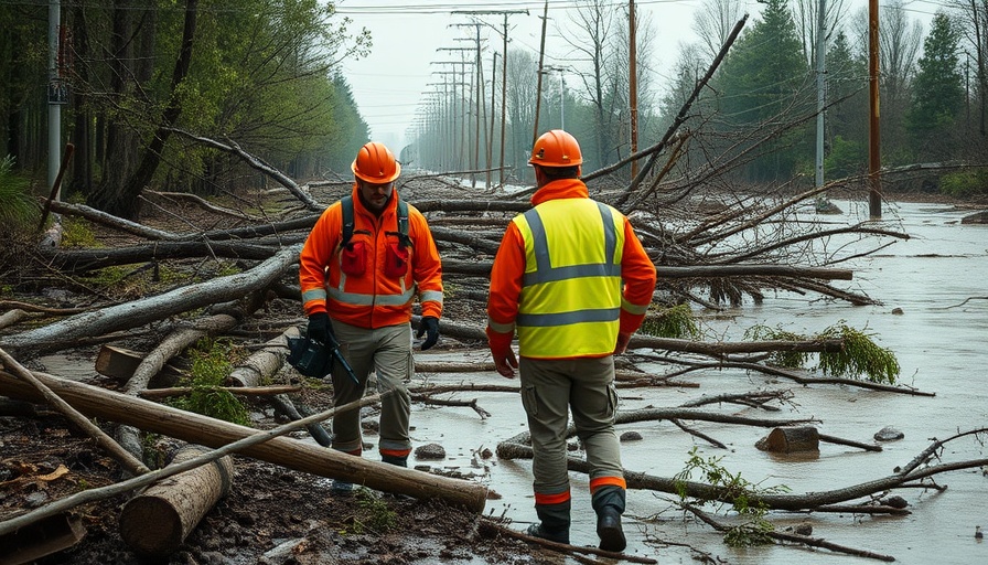 Emergency workers assess flood damage in Texas debris field.