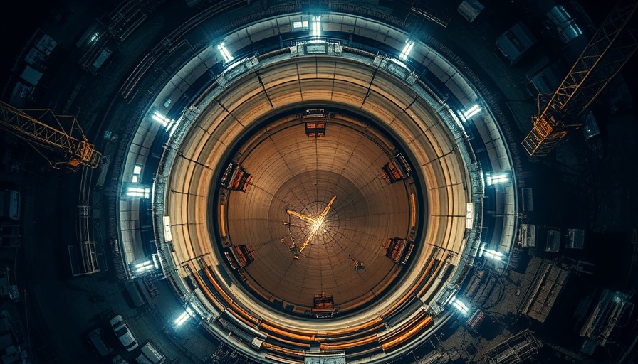 Aerial view of Los Angeles construction site for tunnel collapse at night.
